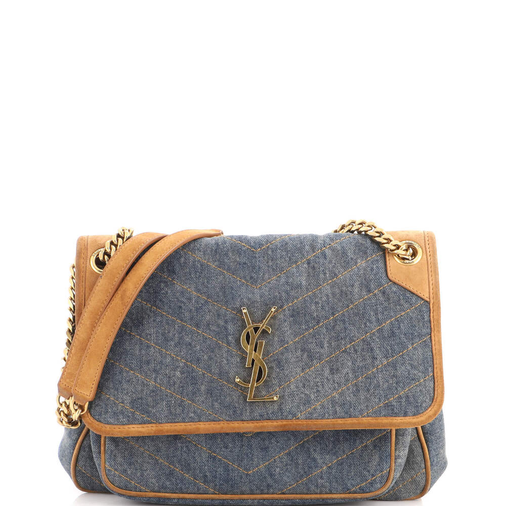 Saint Laurent Medium Niki Chain Flap Bag Matelasse Chevron Denim with Suede